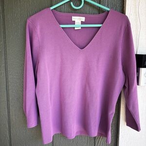 Worthington Purple V-Neck Sweater XL – Stretch Knit 3/4 Sleeve